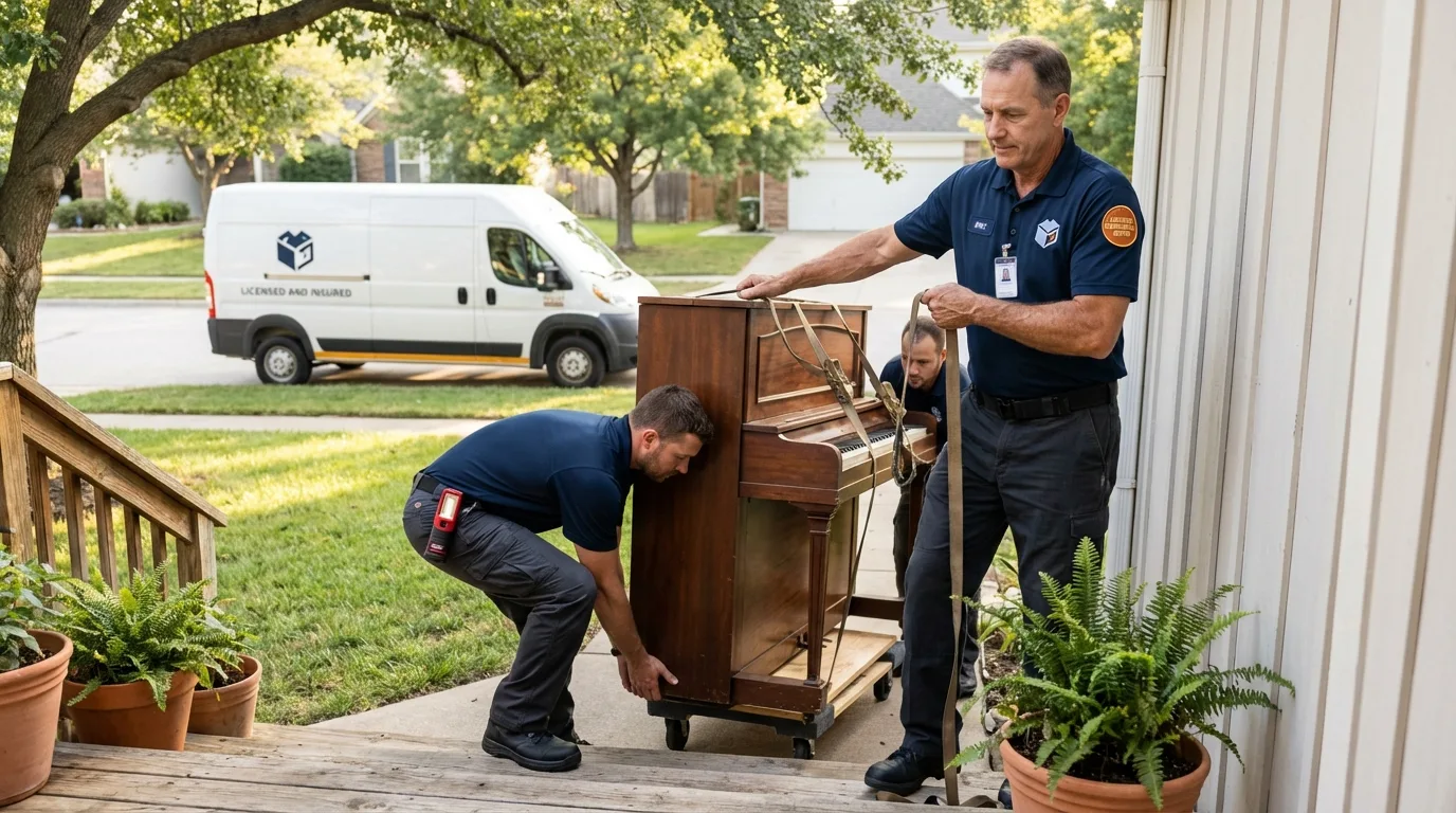 Licensed piano movers securing grand piano in Norcross, GA