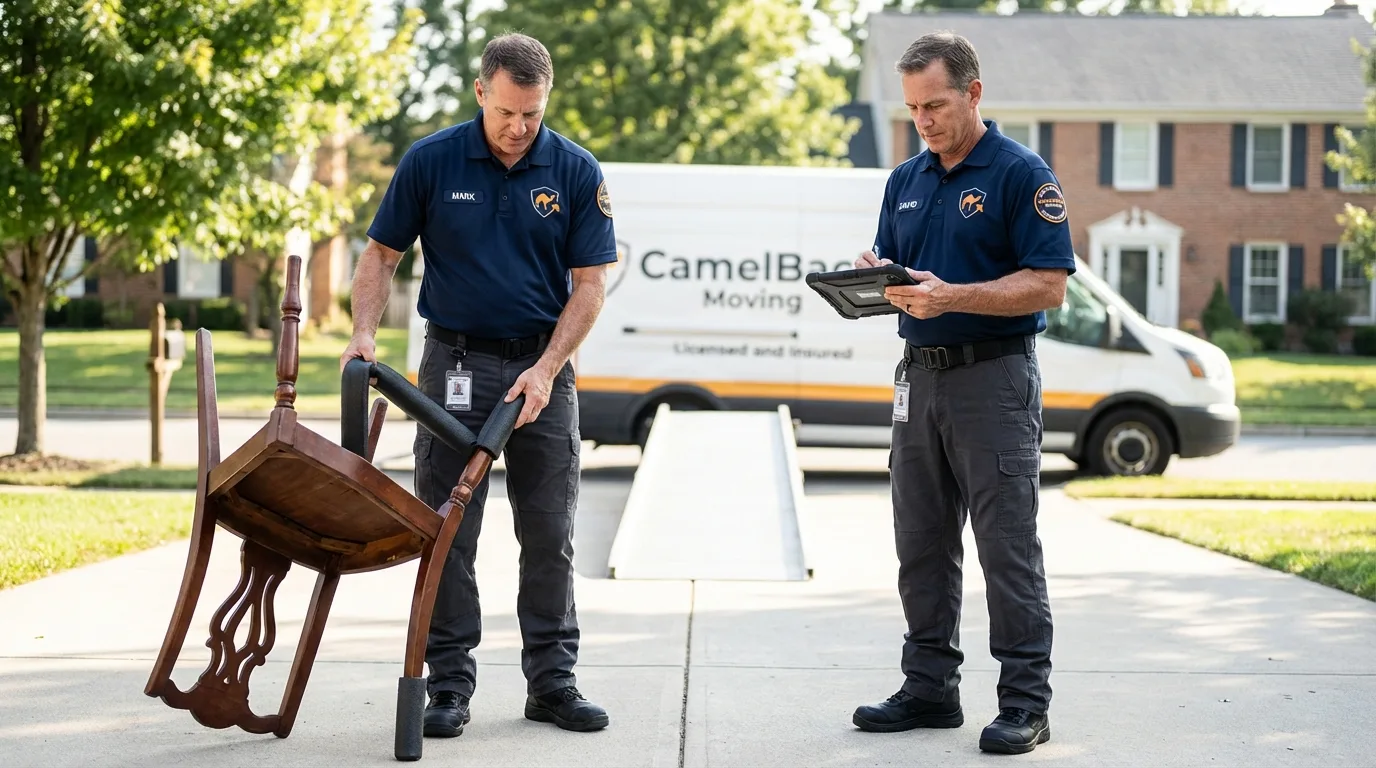 Movers inspecting furniture for damage prevention before loading in Norcross, GA