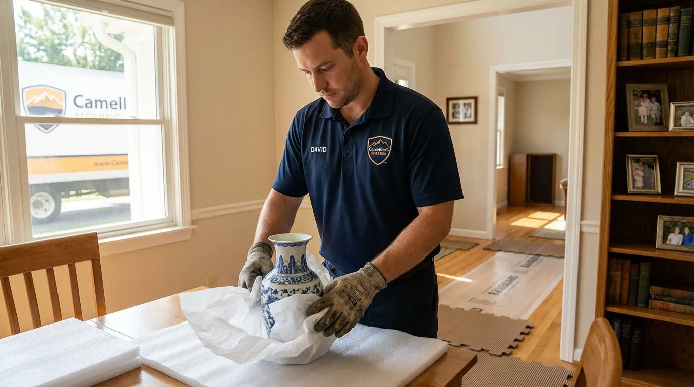 Professional crew carefully wrapping antique vase for senior downsizing move in Norcross, GA